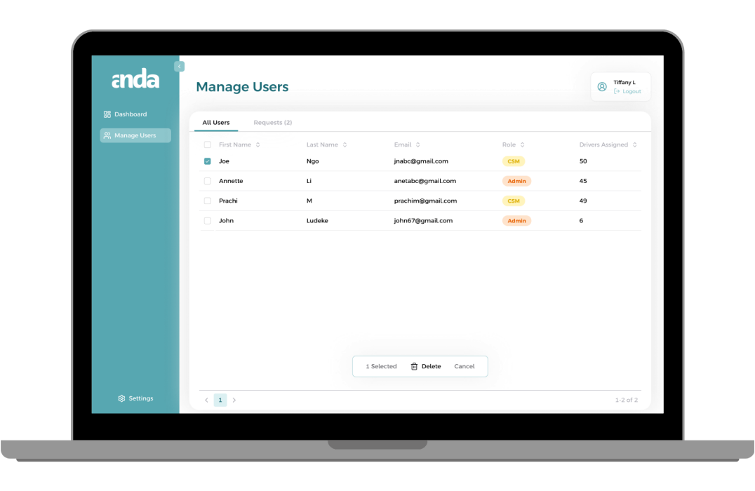 Manage Users screen on a laptop