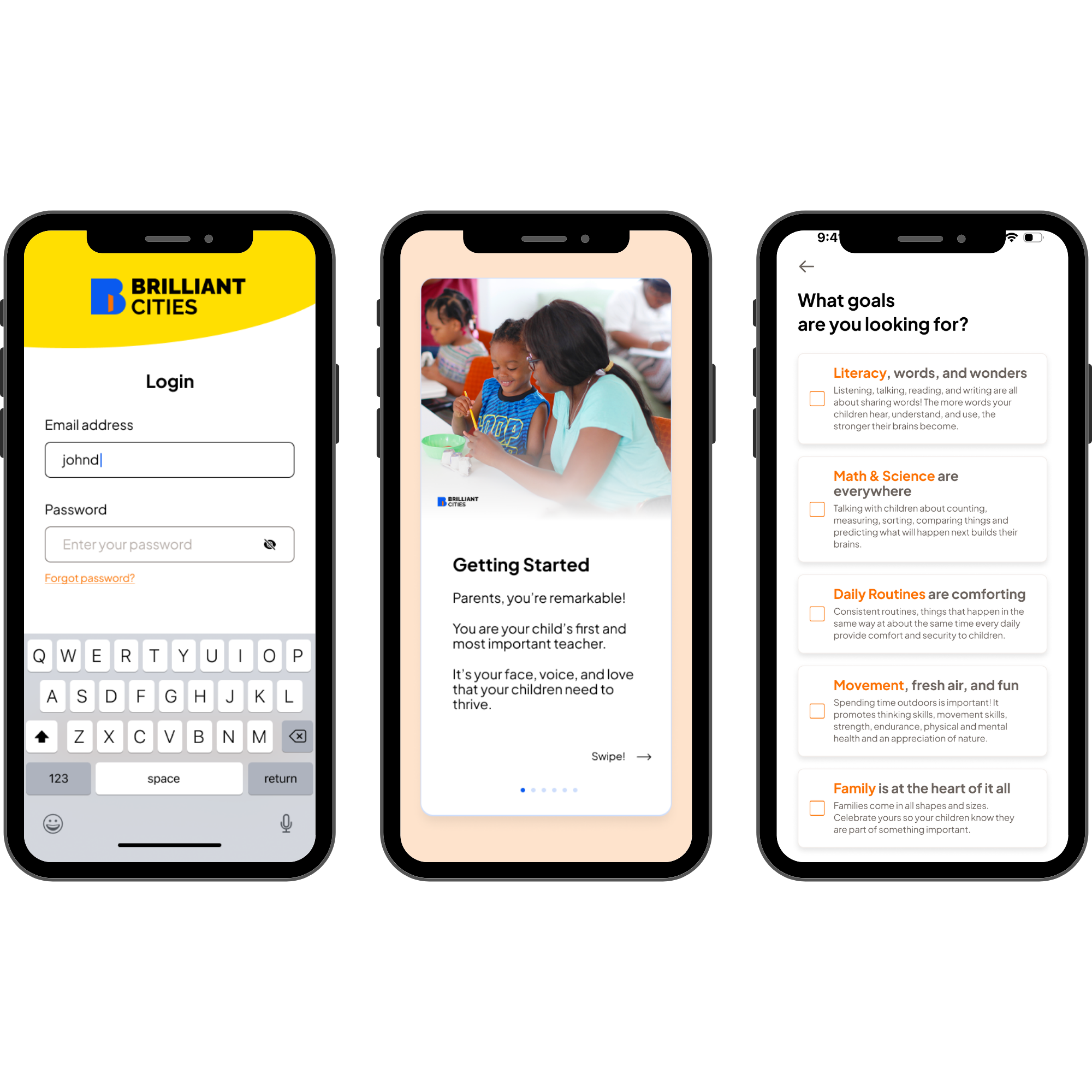 Brilliant Cities app screens — login, onboarding, and goal categories