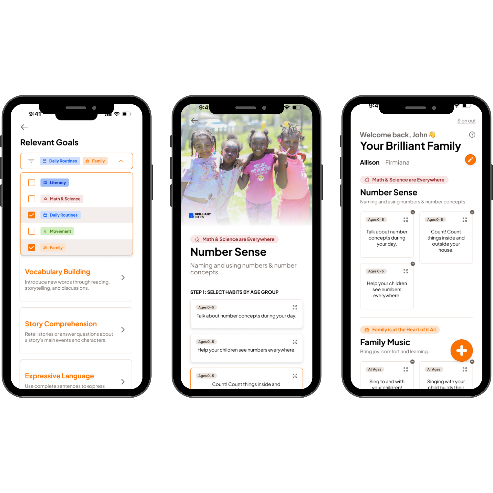 Brilliant Cities app screens — search, goals card, and family dashboard