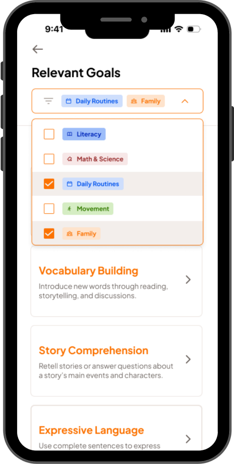 Relevant goals search with category filter pills