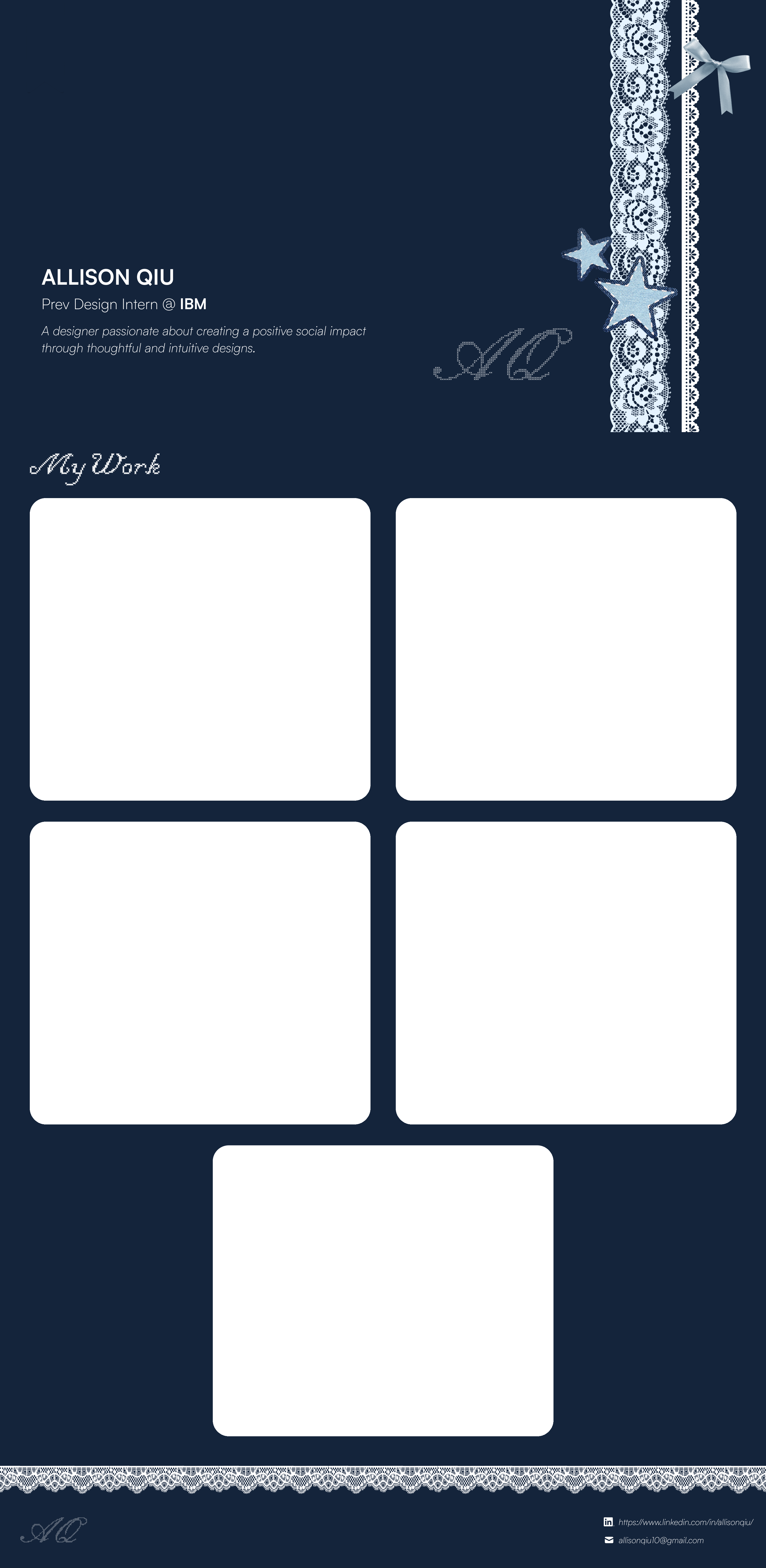 Allison Qiu portfolio — navy scrapbook home with lace, AQ monogram, and selected work