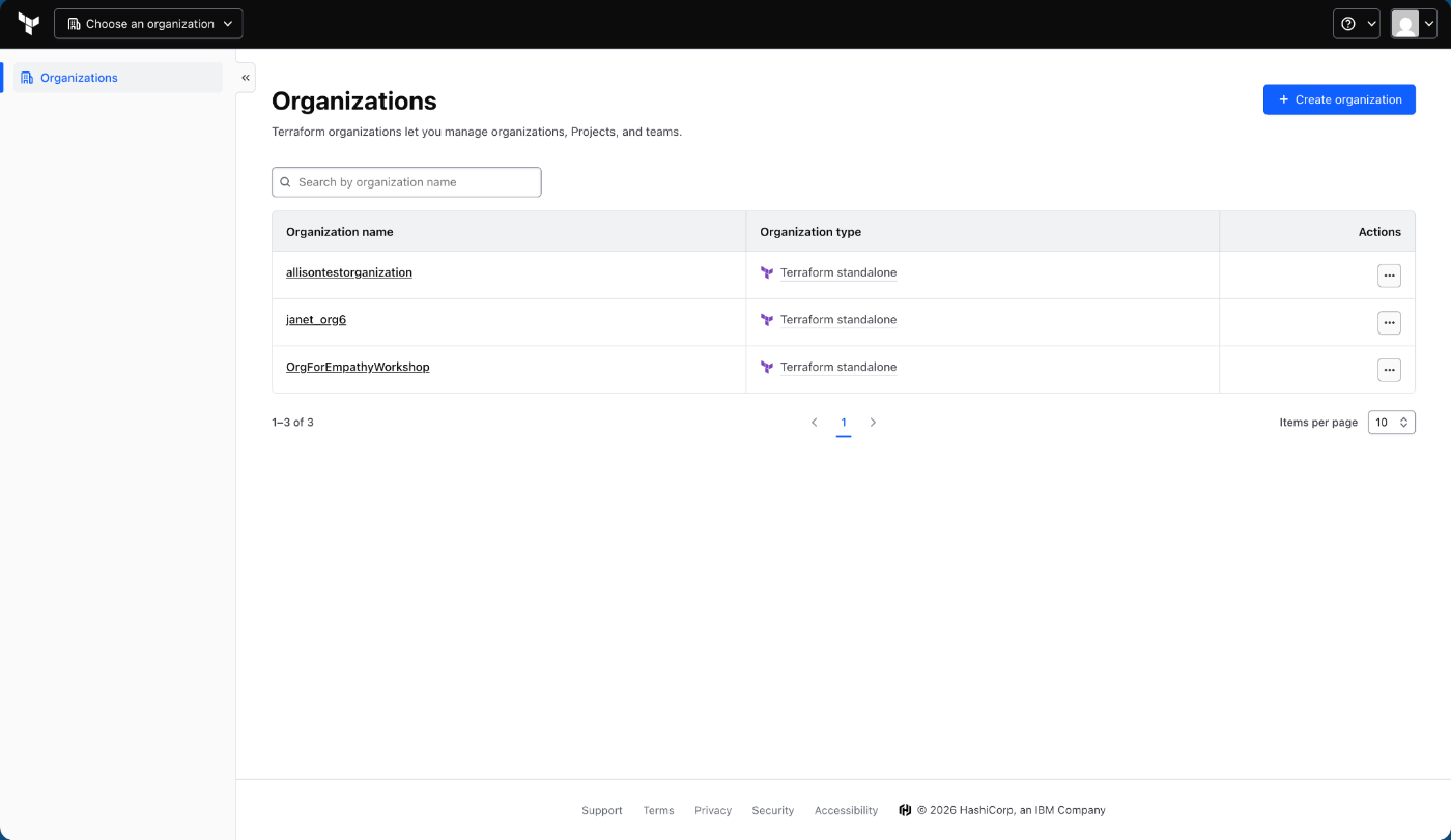 Terraform Organizations settings on a laptop