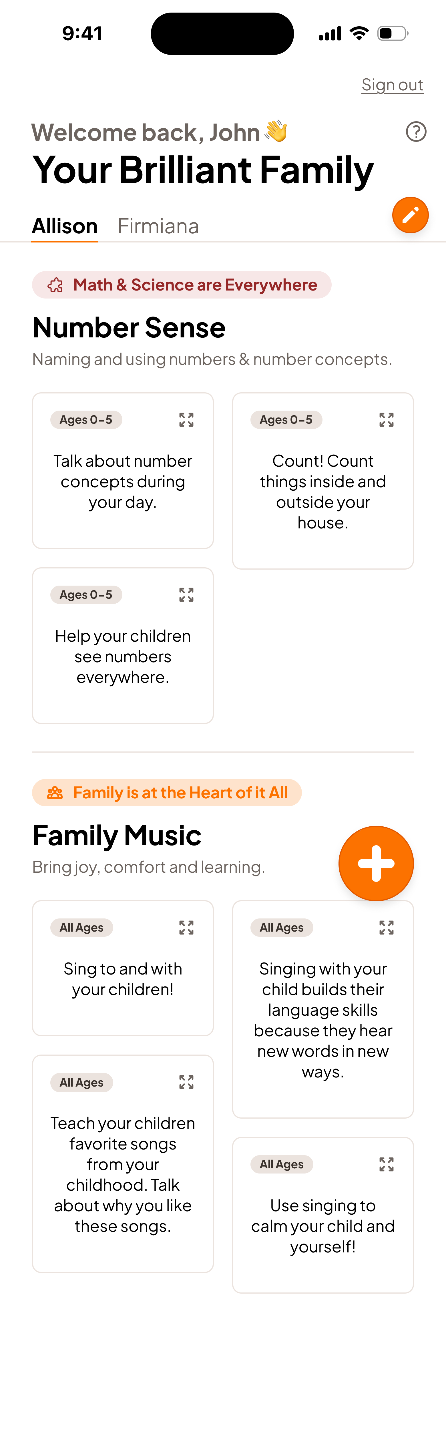 Family dashboard screen