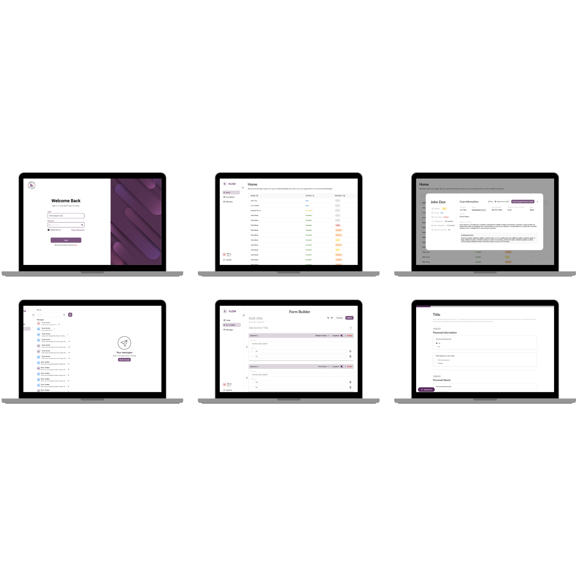 FLOW platform laptop mockups — login, dashboard, case card, messaging, form builder, and intake