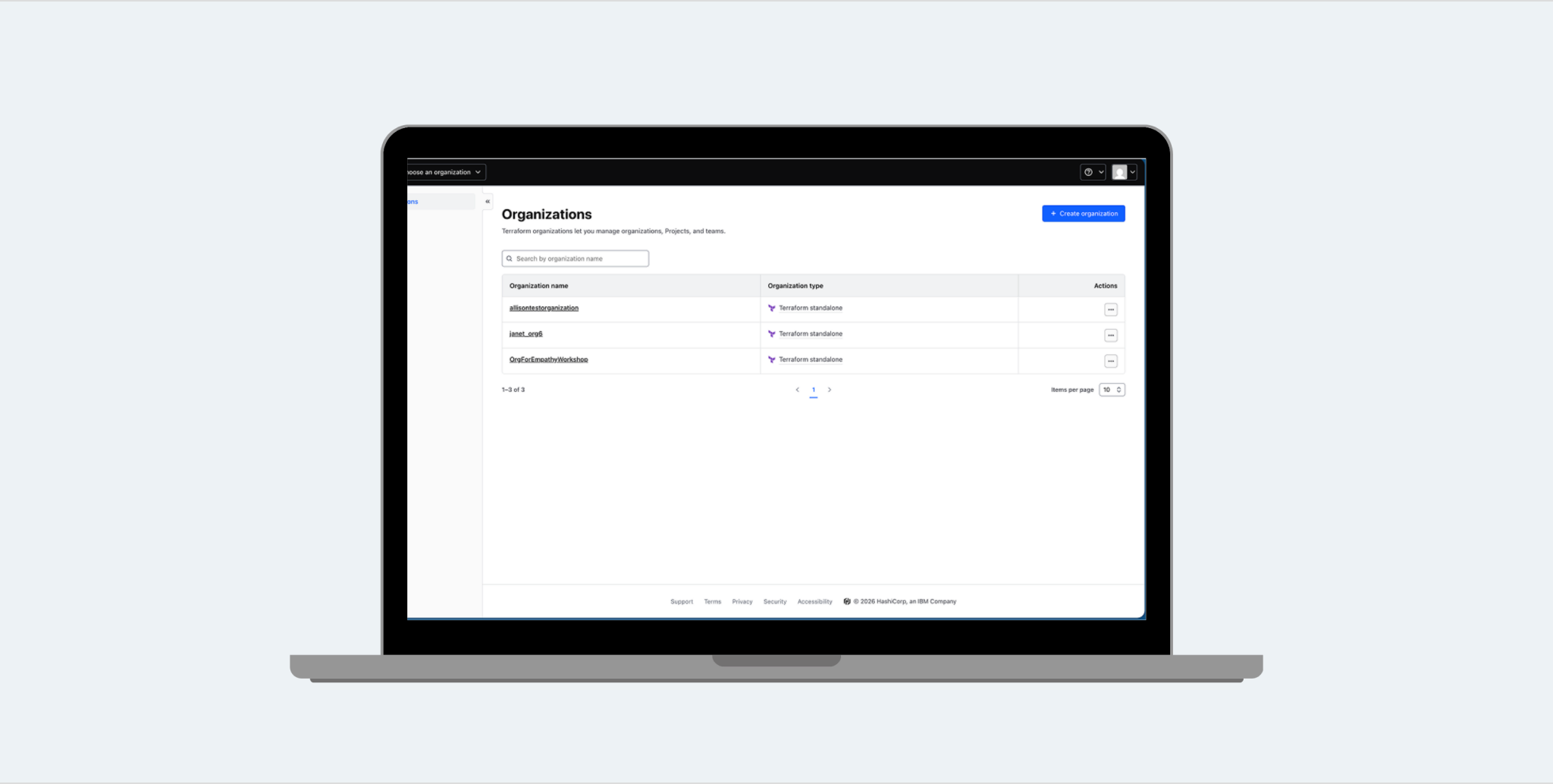 Terraform Organizations settings on a laptop